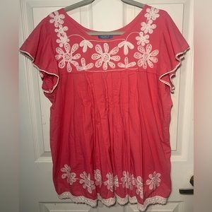 Pink Pleated Top with White Embroidery.            505